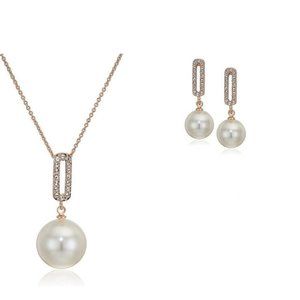 Crystalline Azuria Simulated White Pearls Earrings Necklace Rose Gold Plated NEW